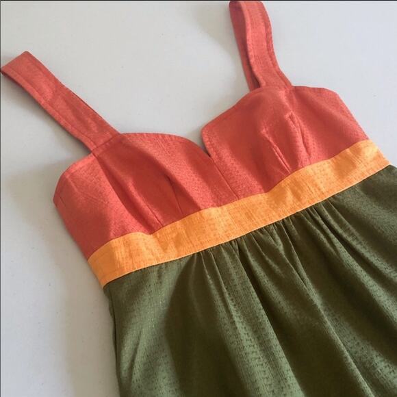 TRINA TURK Silk Cotton Colorblock Stripe Orange Green Gold Tank Top Midi Dress 4 - Picture 6 of 8